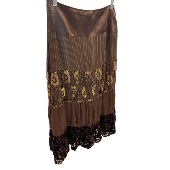 Spenser Jeremy Brown Silk Gold Metallic Thread Tiered Skirt Sz 4 - Picture 3 of 10
